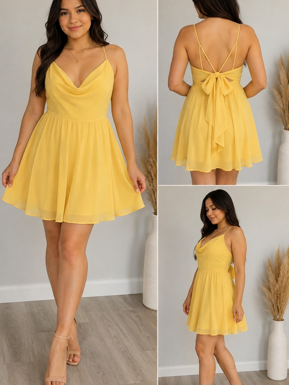 Cowl Neck Mini Dress with Back Bow in Yellow Dillards